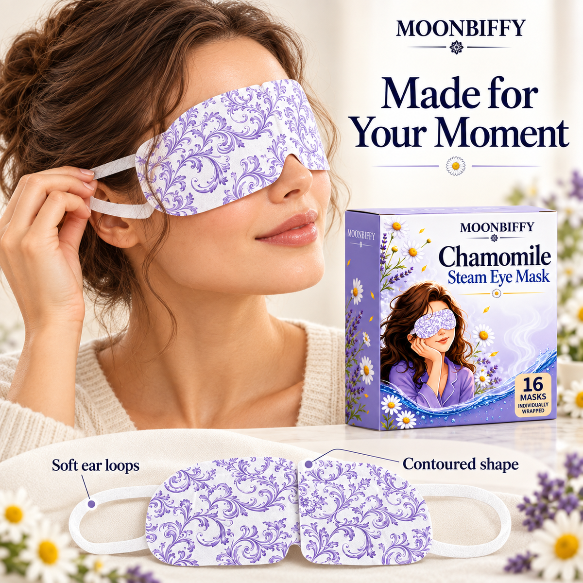 MOONBIFFY Chamomile Steam Eye Mask – 16 Individually Wrapped Masks